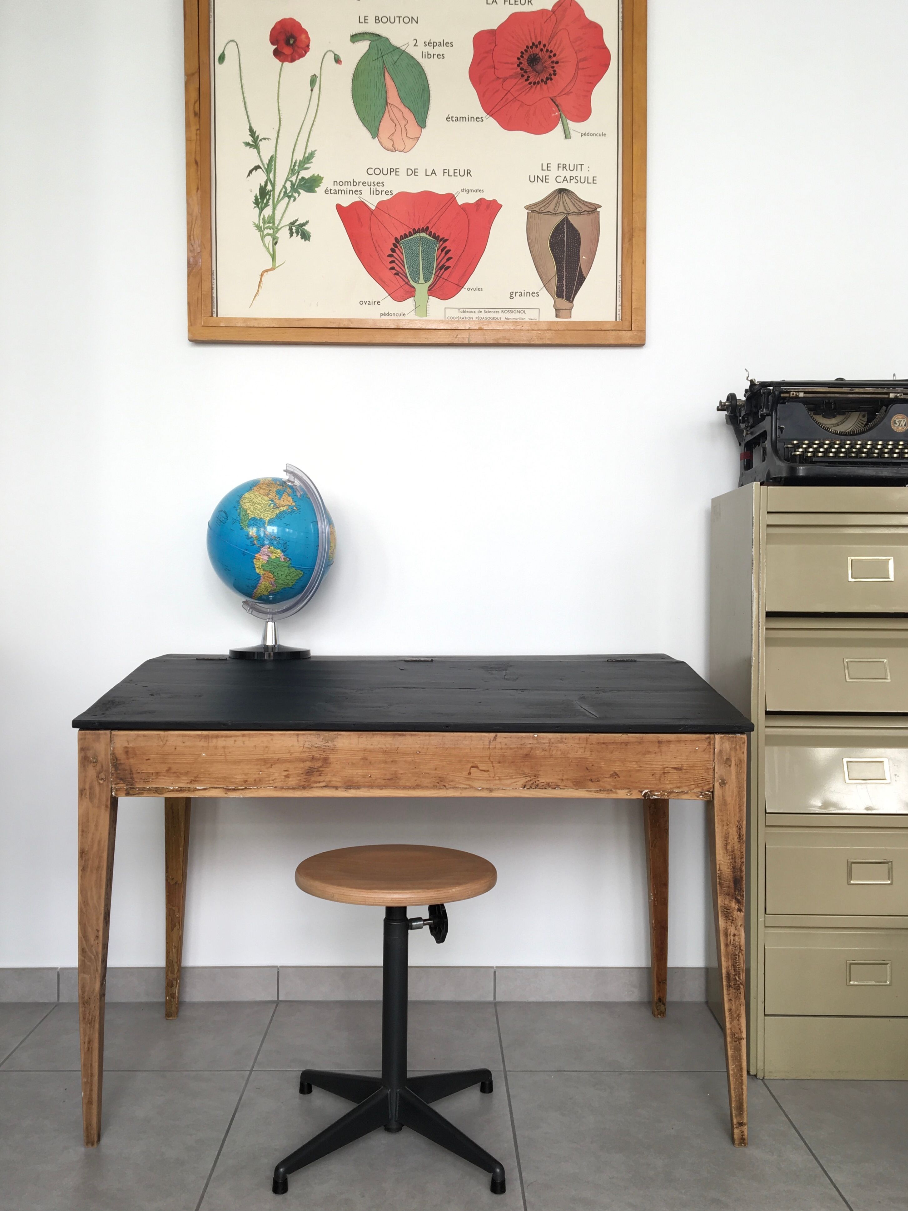 adult-sized desk with black flap & raw natural