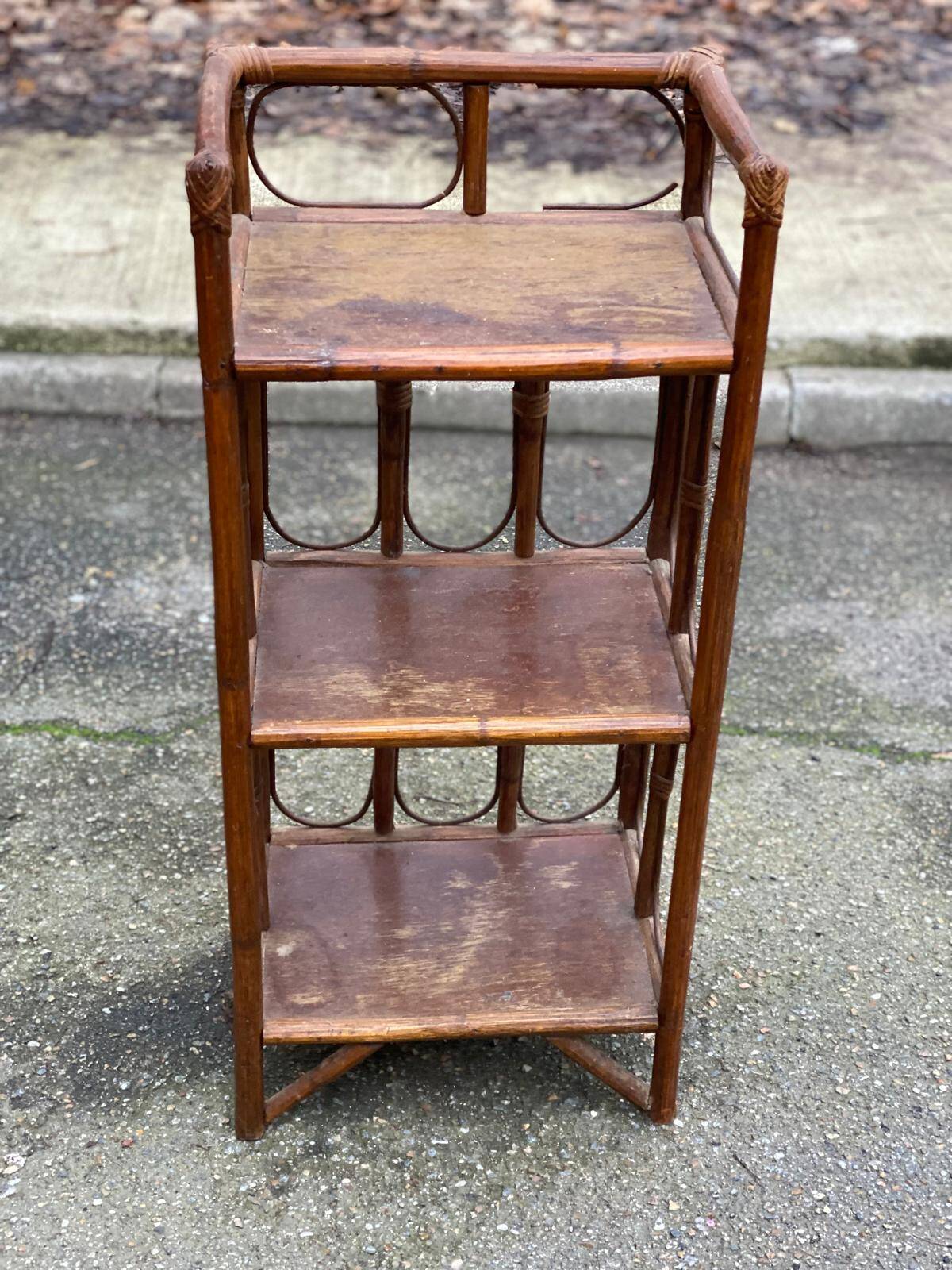 Vintage rattan and wicker shelf with 3 levels