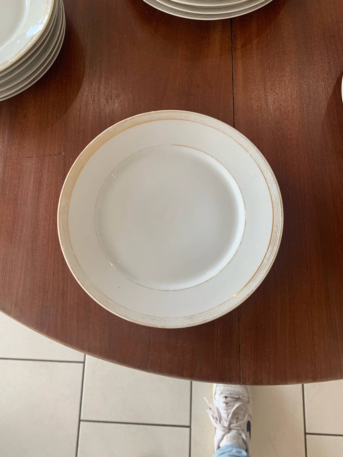 Lot of six soup plates, old, crockery, white, gilded