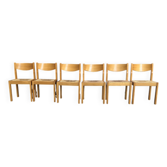6 wooden and straw chairs from the 70s