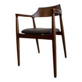 CURVED WOODEN DINING CHAIR WITH BROWN LEATHER SEAT