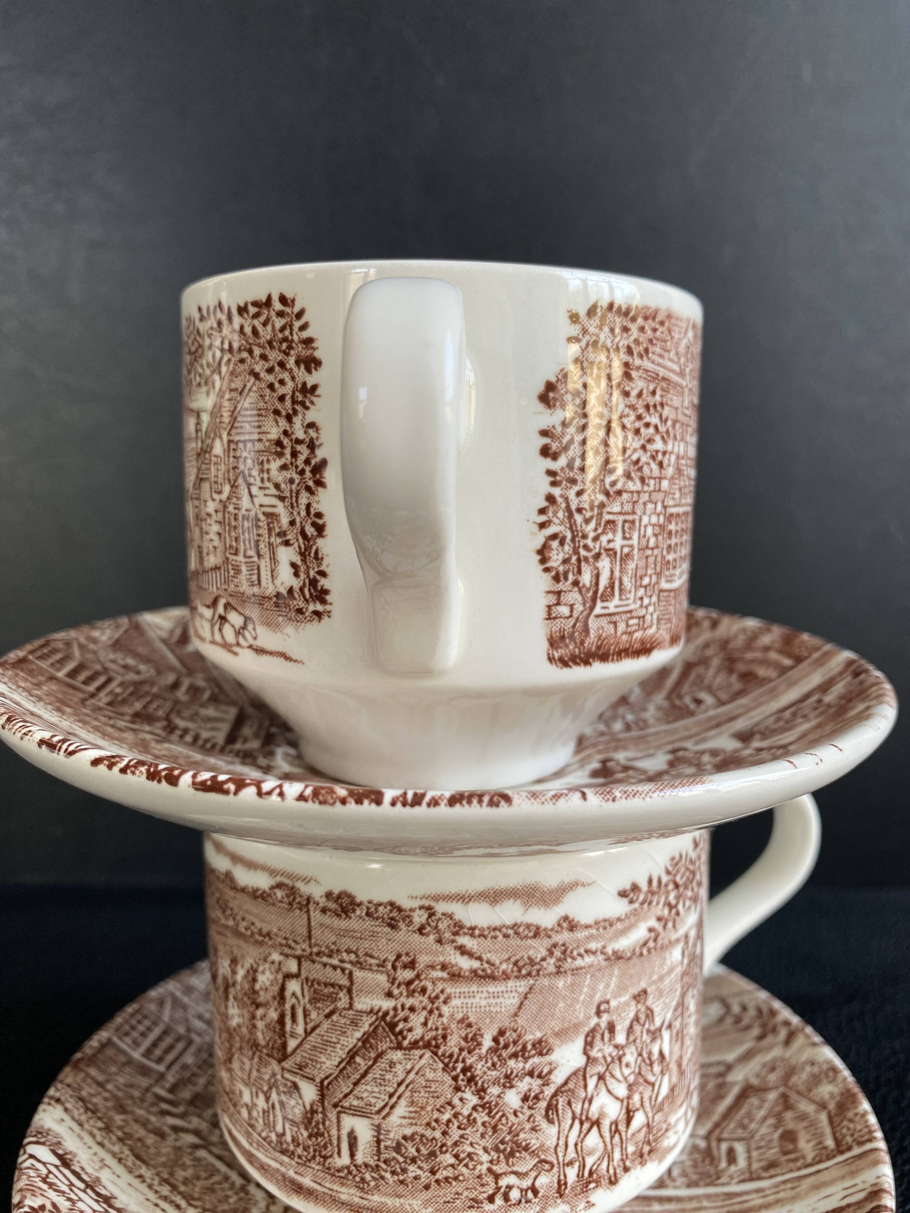 Duo of English Cups & Saucers Broadhurst Ironstone - Hunting Scene