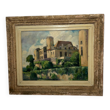 Old French painting signed and dated 1952 – Castle and garden – Oil