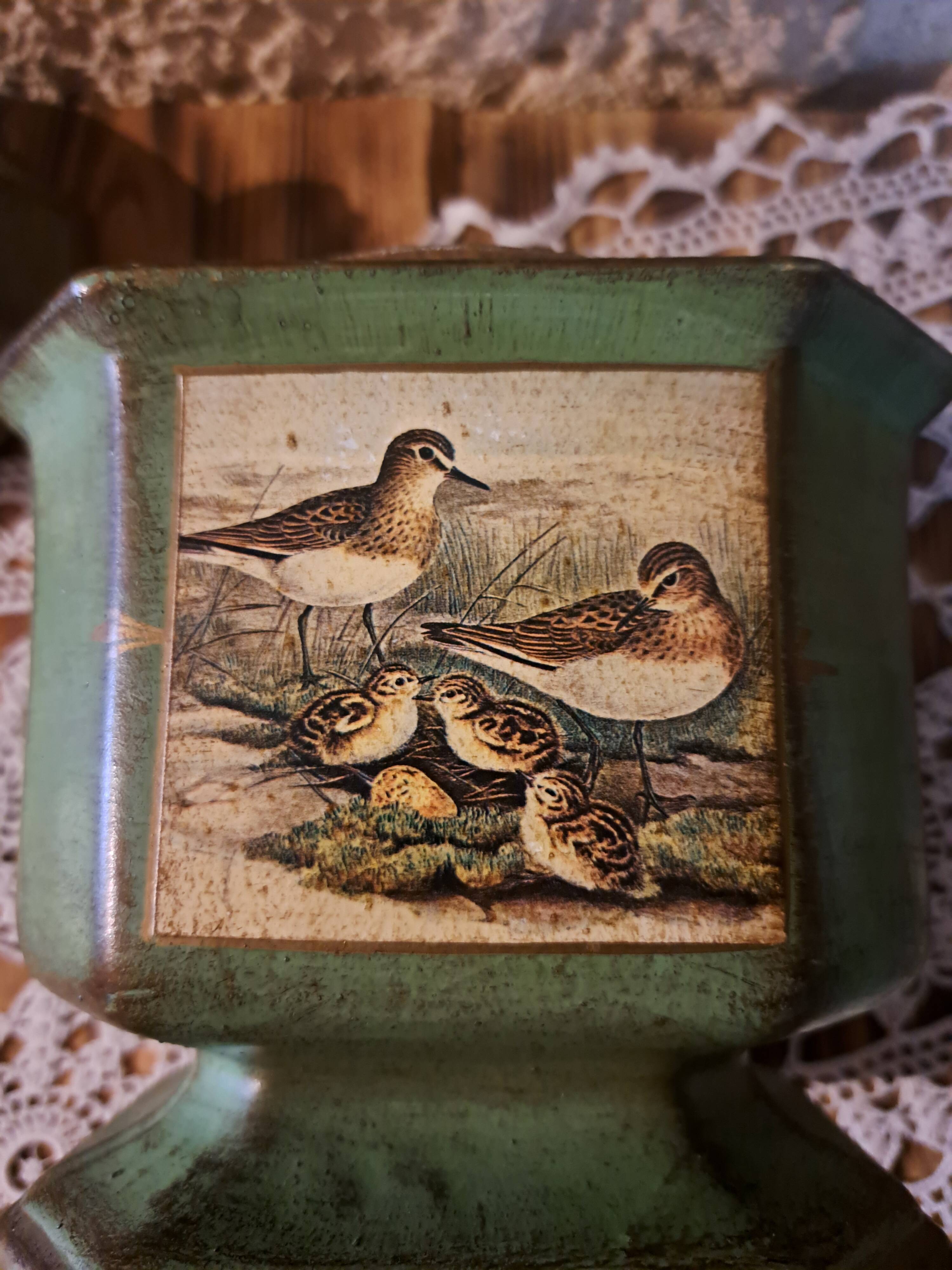 Vintage ceramic tobacco pot with bird decor