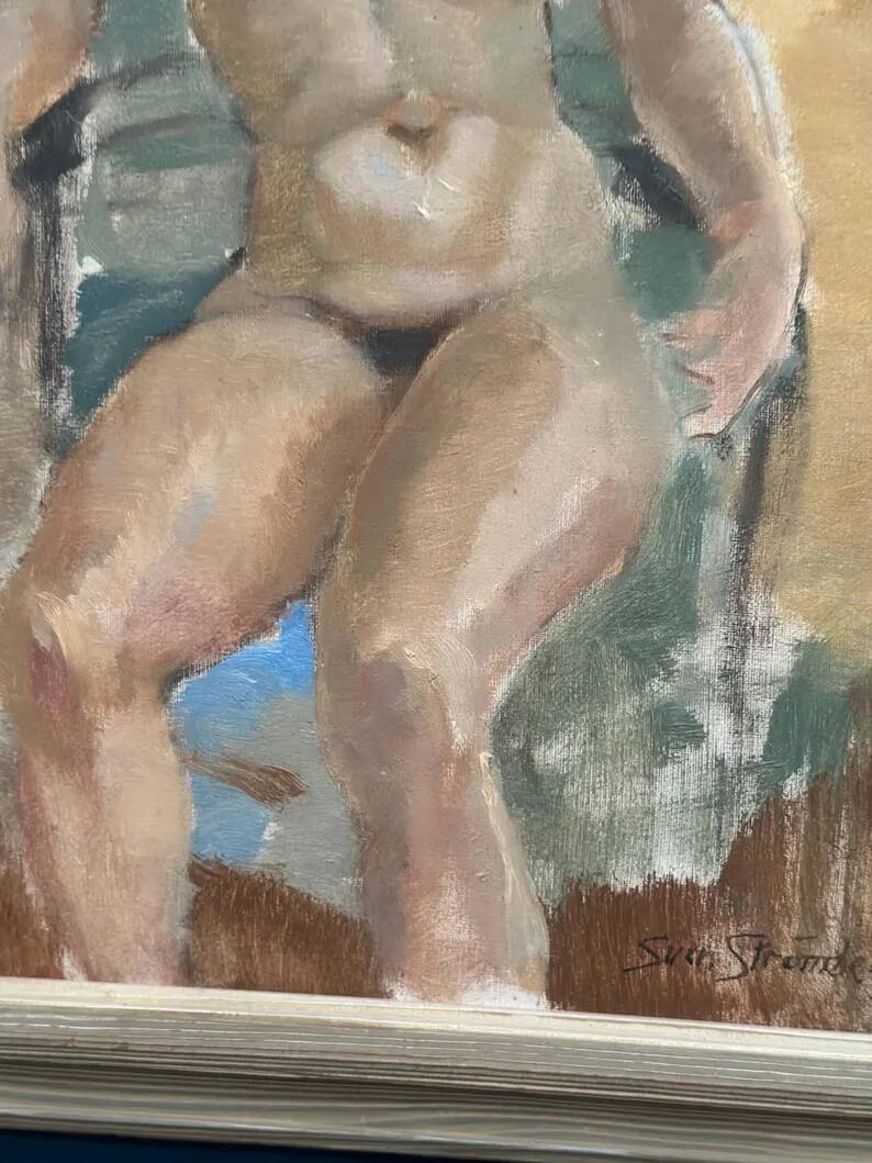 Huile sur toile originale – “Dame assise” par Sven Strömberg – Signée – Vintage et encadrée