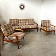 Lot armchairs and sofa 60 years Scandinavian design in vintage blond teak