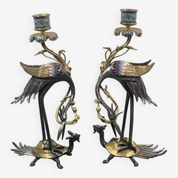 Pair of bronze and enamel animal candlesticks Late 19th early 20th century - approximately 30 cm