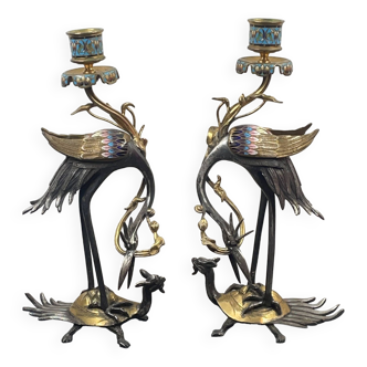 Pair of bronze and enamel animal candlesticks Late 19th early 20th century - approximately 30 cm