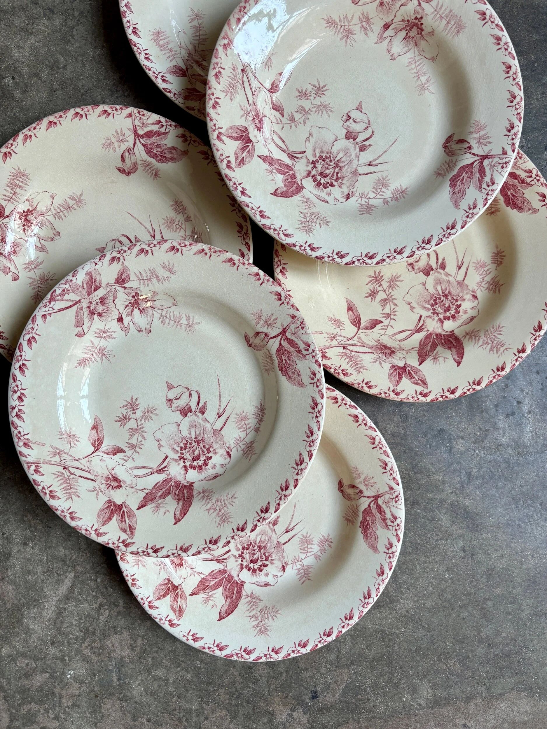6 pink ironstone deep plates from Gien, "Roses de Noël" service.