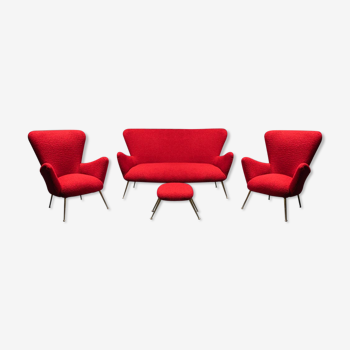 Sofa set 2 armchairs footstool bouclé red 50s vintage