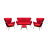 Sofa set 2 armchairs footstool bouclé red 50s vintage