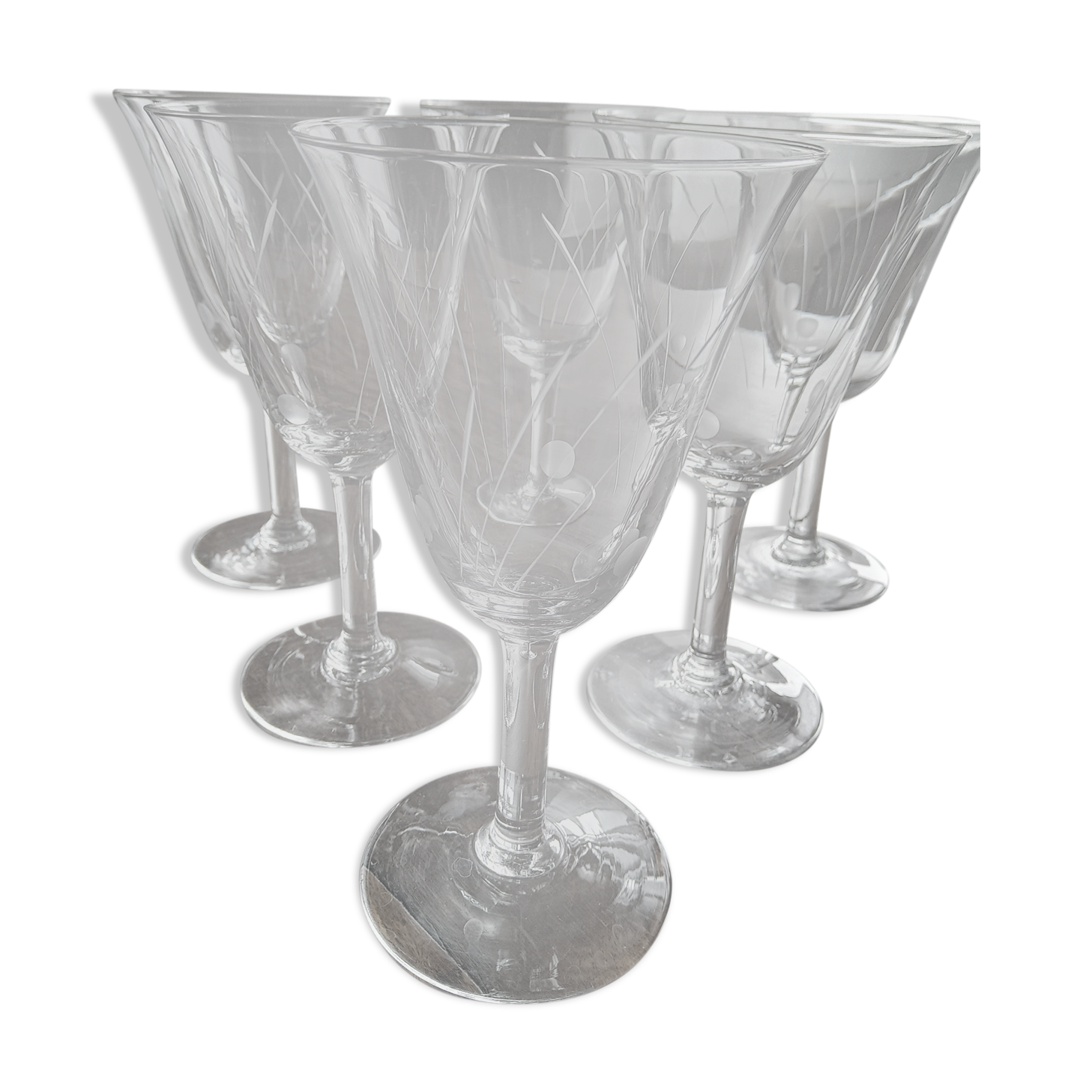 Lot of 6 vintage wine glasses drinking flared glass engraved opaque bubbles décor