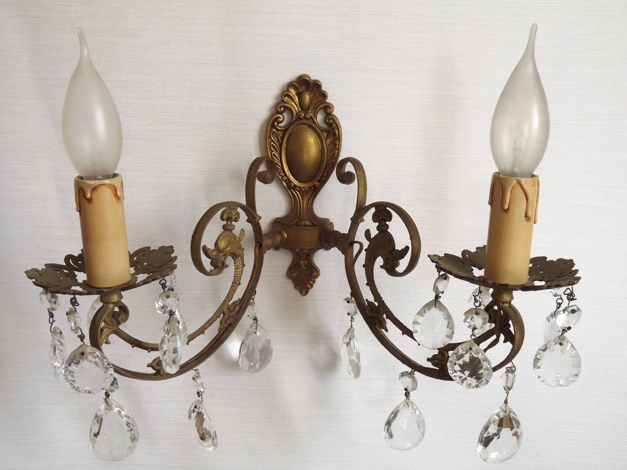 French Vintage Double Bronze & Crystal Wall Light - Stylized Dolphin Detail