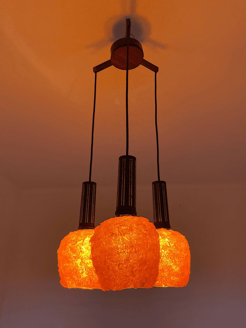 Space Age orange lucite spaghetti 3-light chandelier
