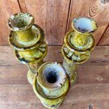 Trio of Tamegroute candlestick holders in enamelled ceramic.