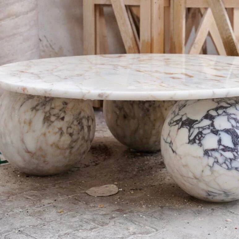 Round Coffee Table Viola Violet Marble with Ball Sphere Legs