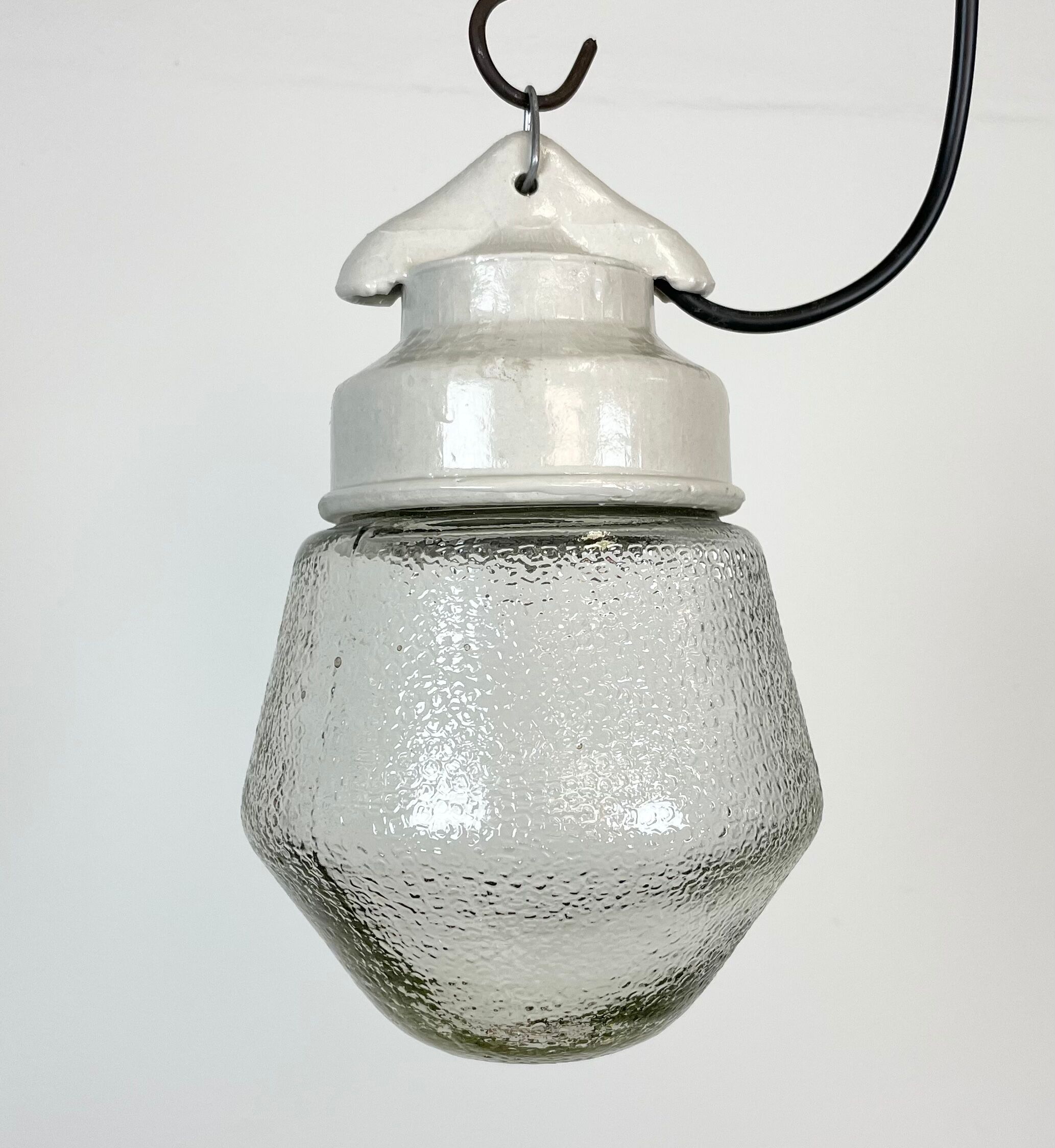 Industrial White Porcelain Pendant Light with Frosted Clear Glass, 1970s