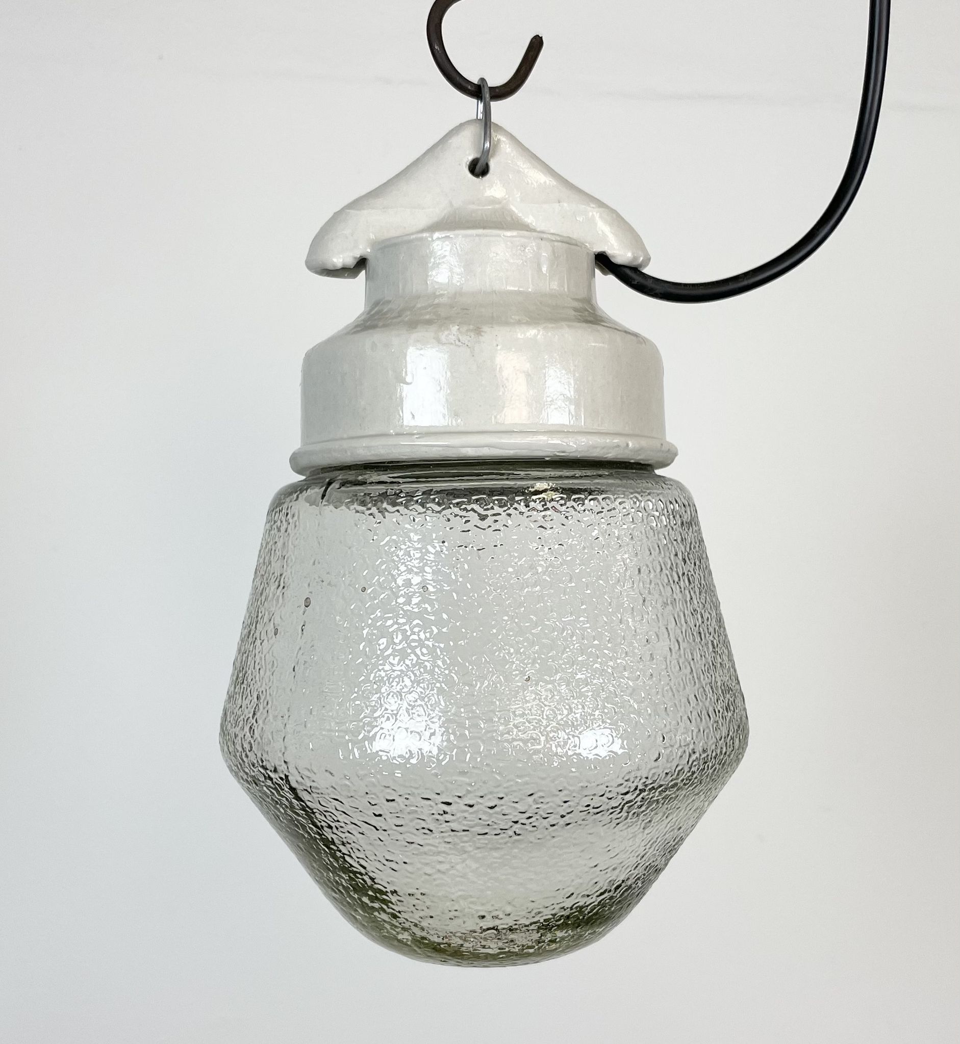 Industrial White Porcelain Pendant Light with Frosted Clear Glass, 1970s