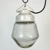 Industrial White Porcelain Pendant Light with Frosted Clear Glass, 1970s