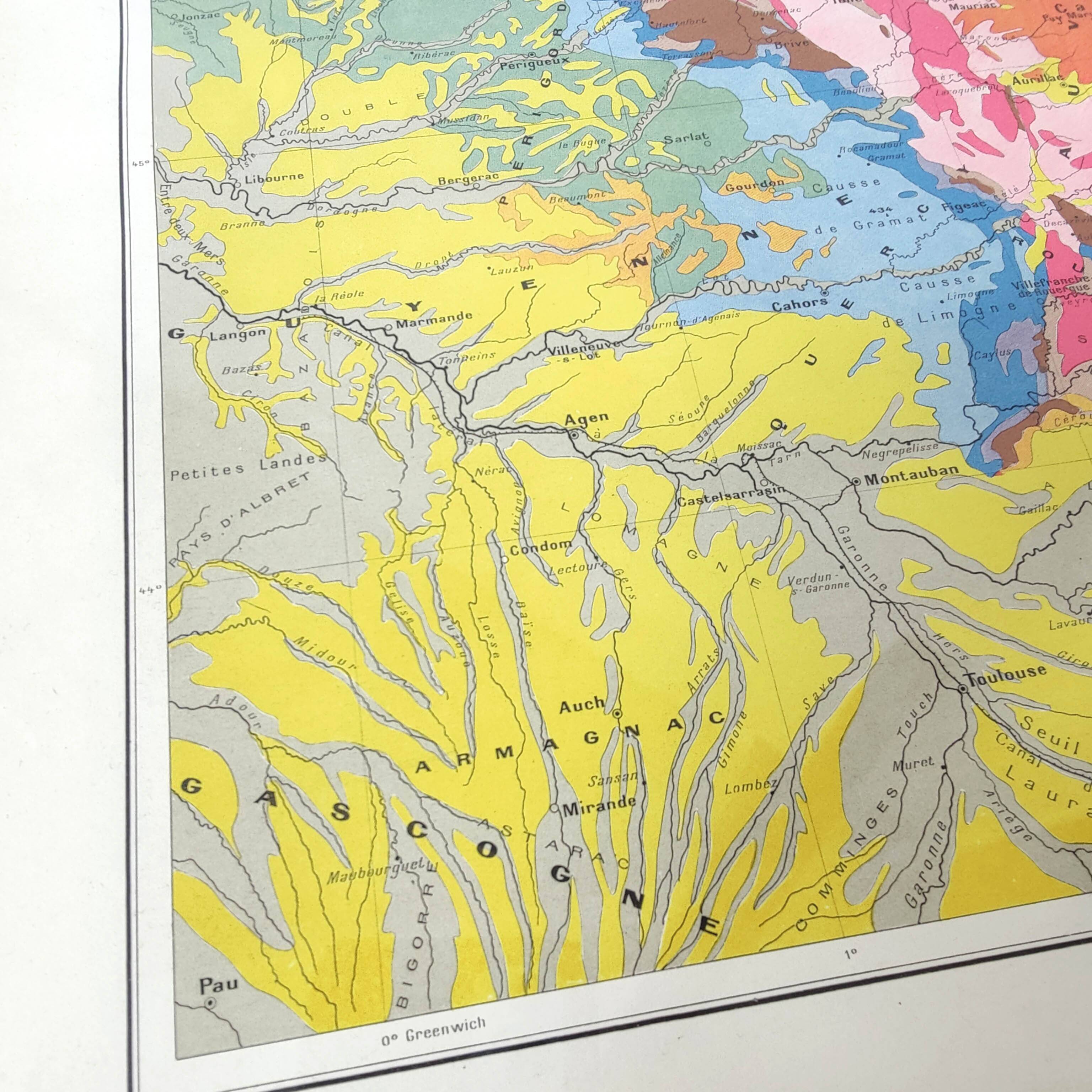 Old map of France the central massif in 1950 43x43cm