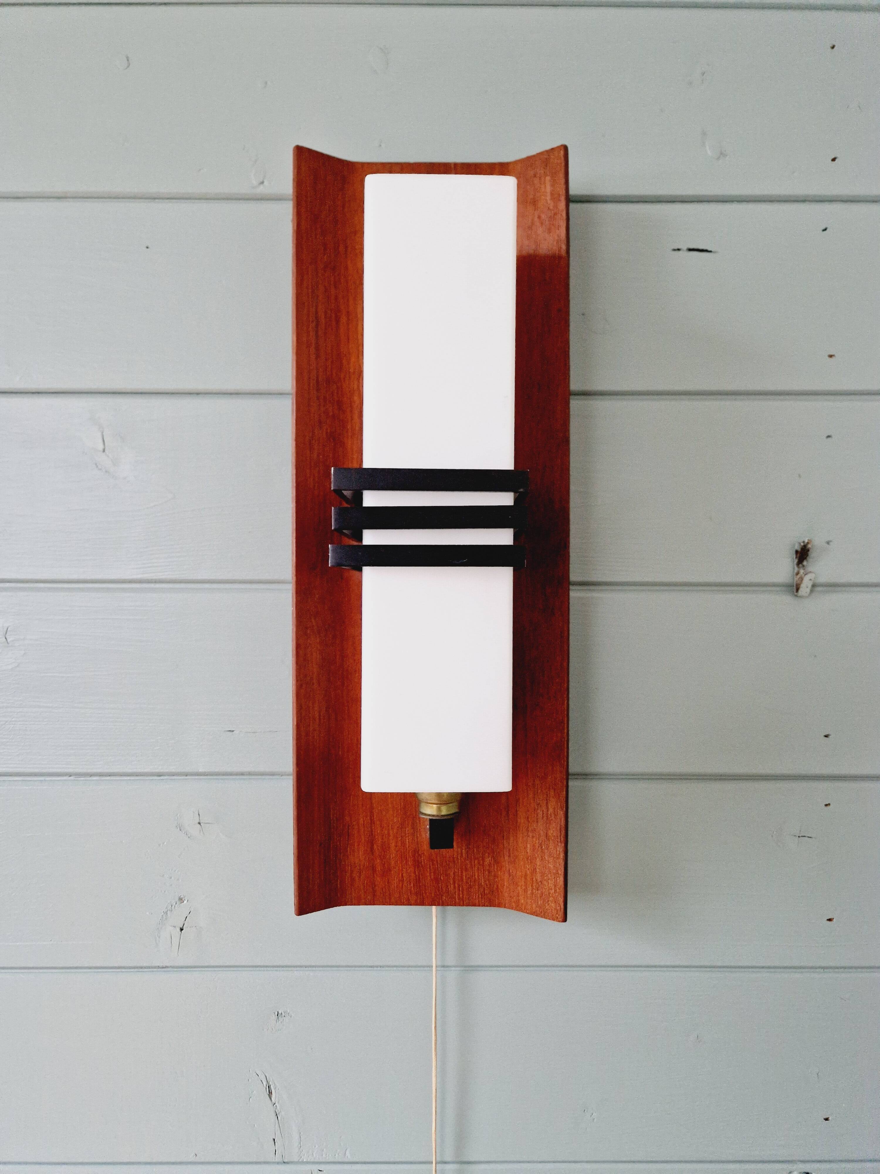 Scandinavian wall light in opaline and teak, 1960s