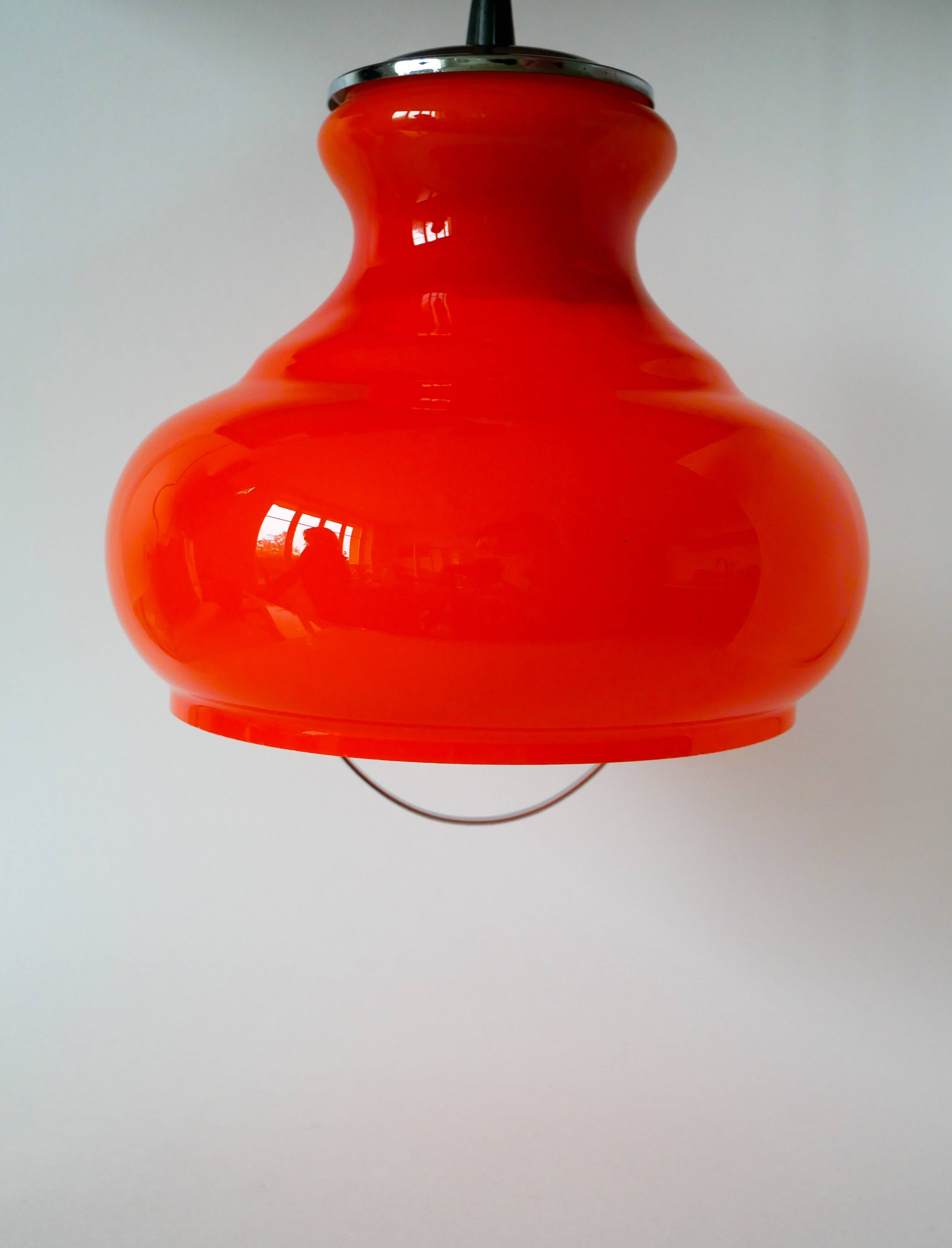 Orange opaline pendant light with metal arch, Design, 1970