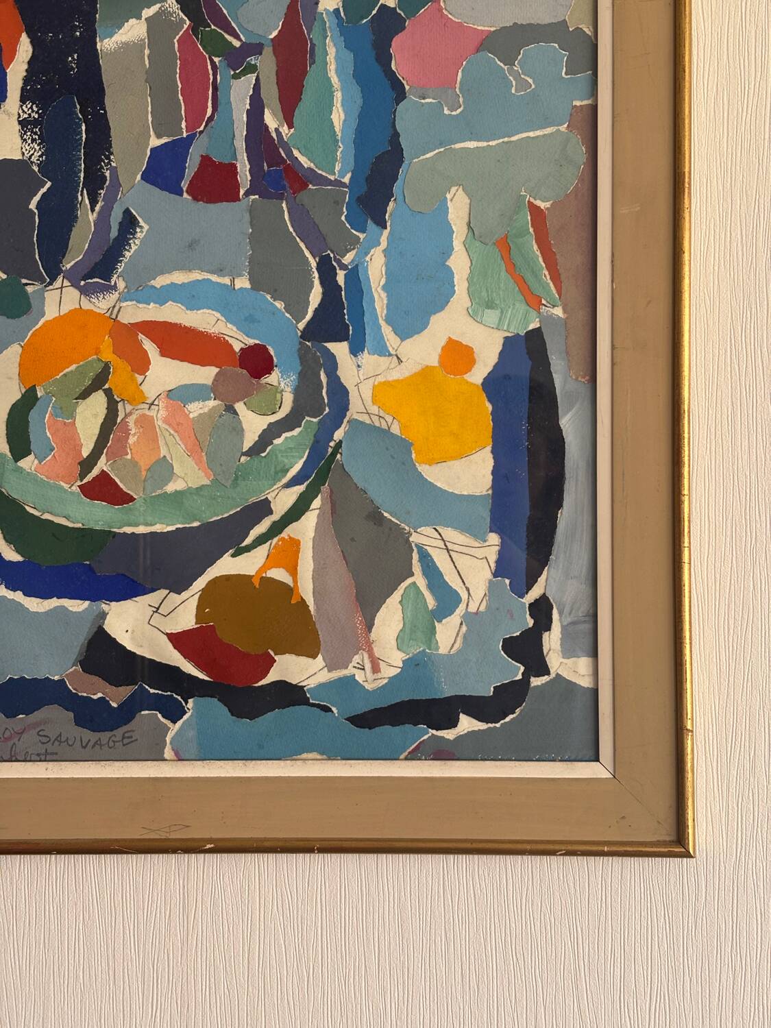 Tableau collage « le fouillis Bleu » signé