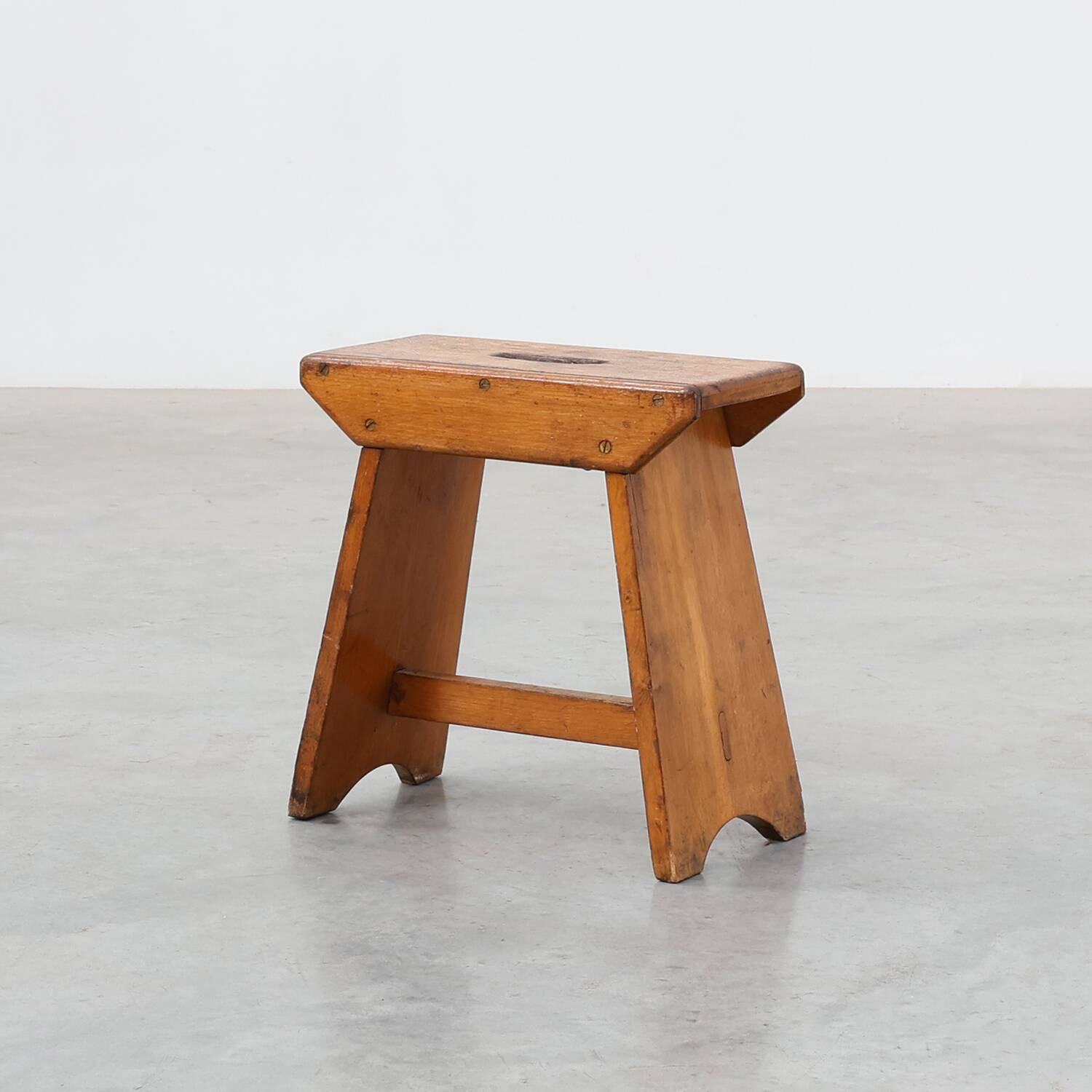 Rustic Pine Stool with Cut-Out Trestle Legs, Sweden, circa 1920