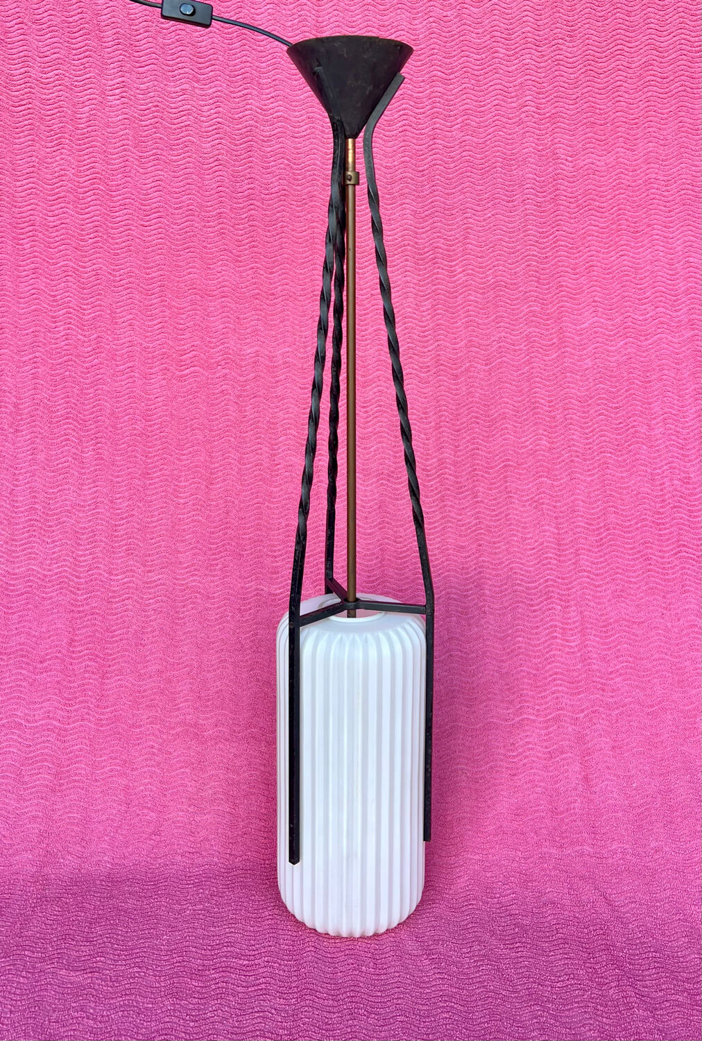 LAMP/IRON SUSPENSION FORGED OPAQUE WHITE GLASS CYLINDRICAL TUBE