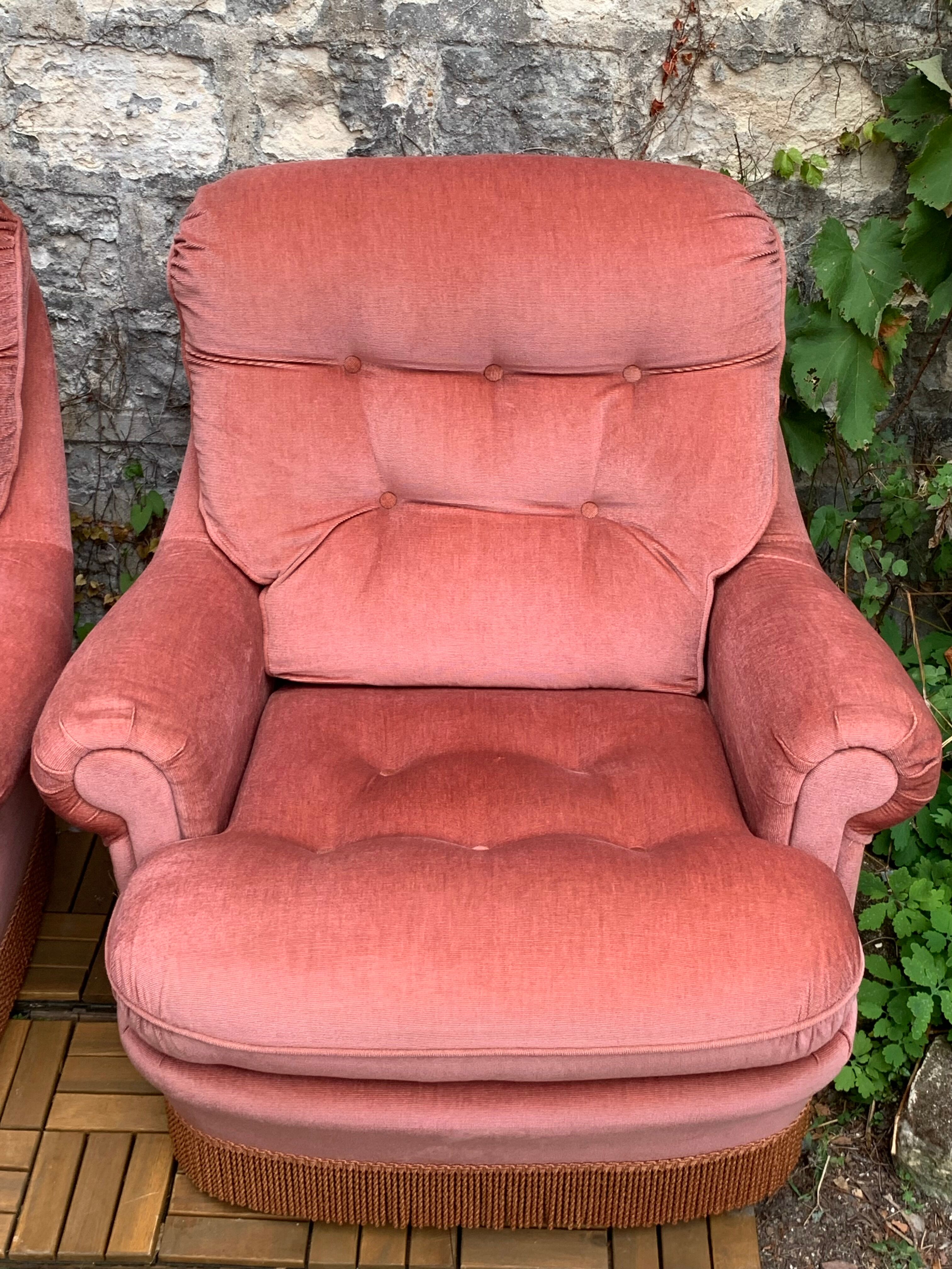 Pair of pink velvet toad armchairs, 1970s