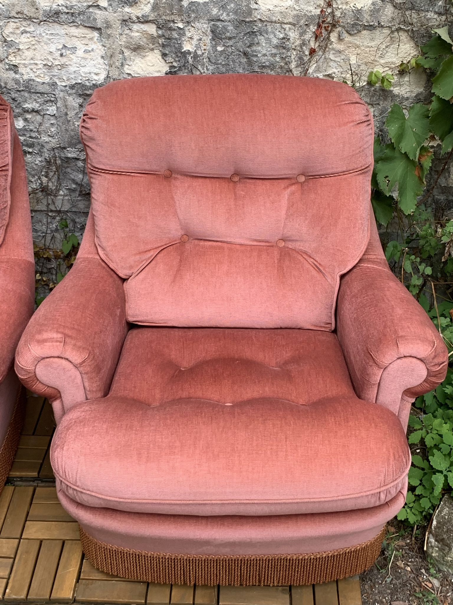 Pair of pink tufted velvet frog chairs 1970