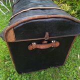 Malle de calèche cuir osier laiton lin