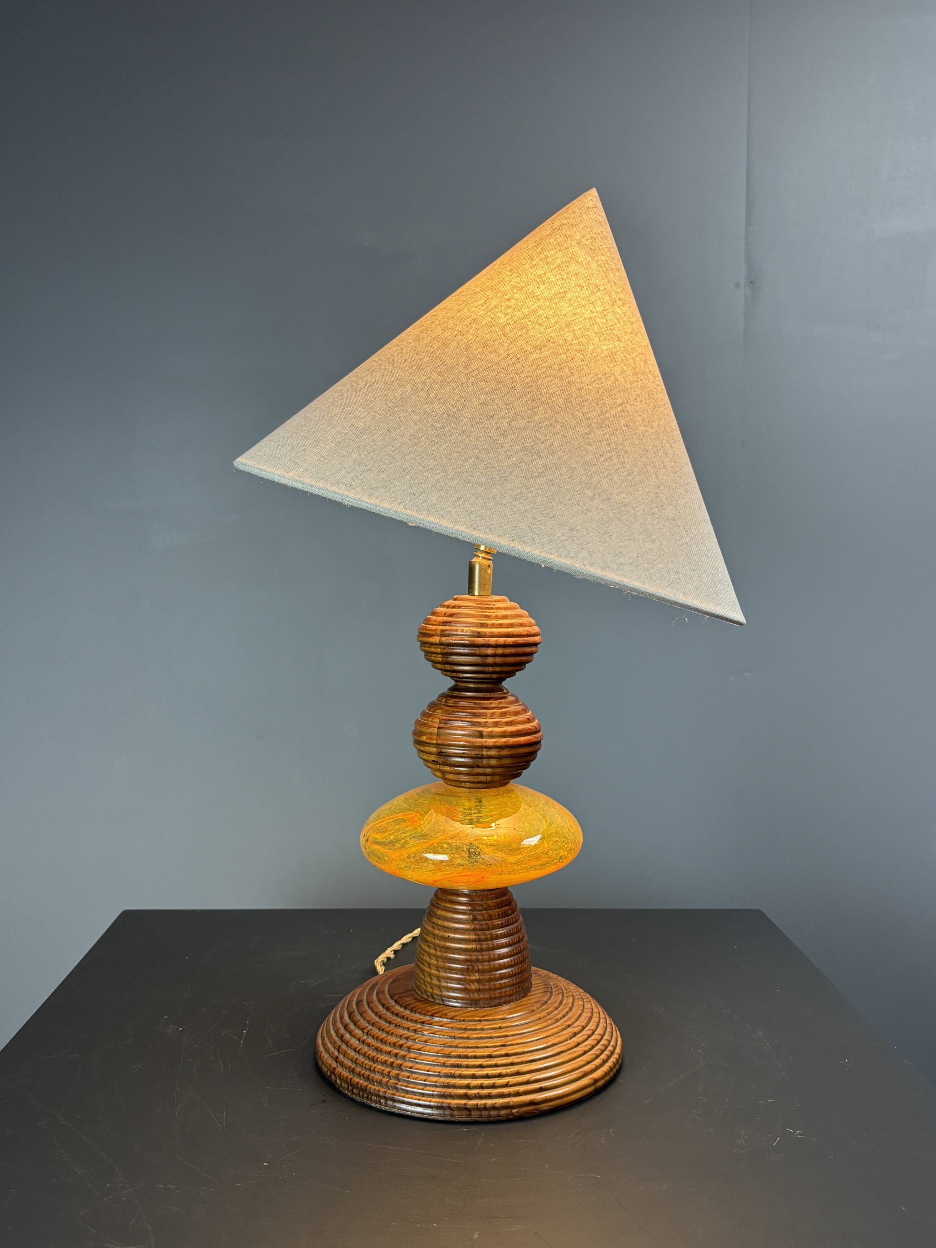 Midcentury wood turned adjustable table lamp with glass sphere, 1970s