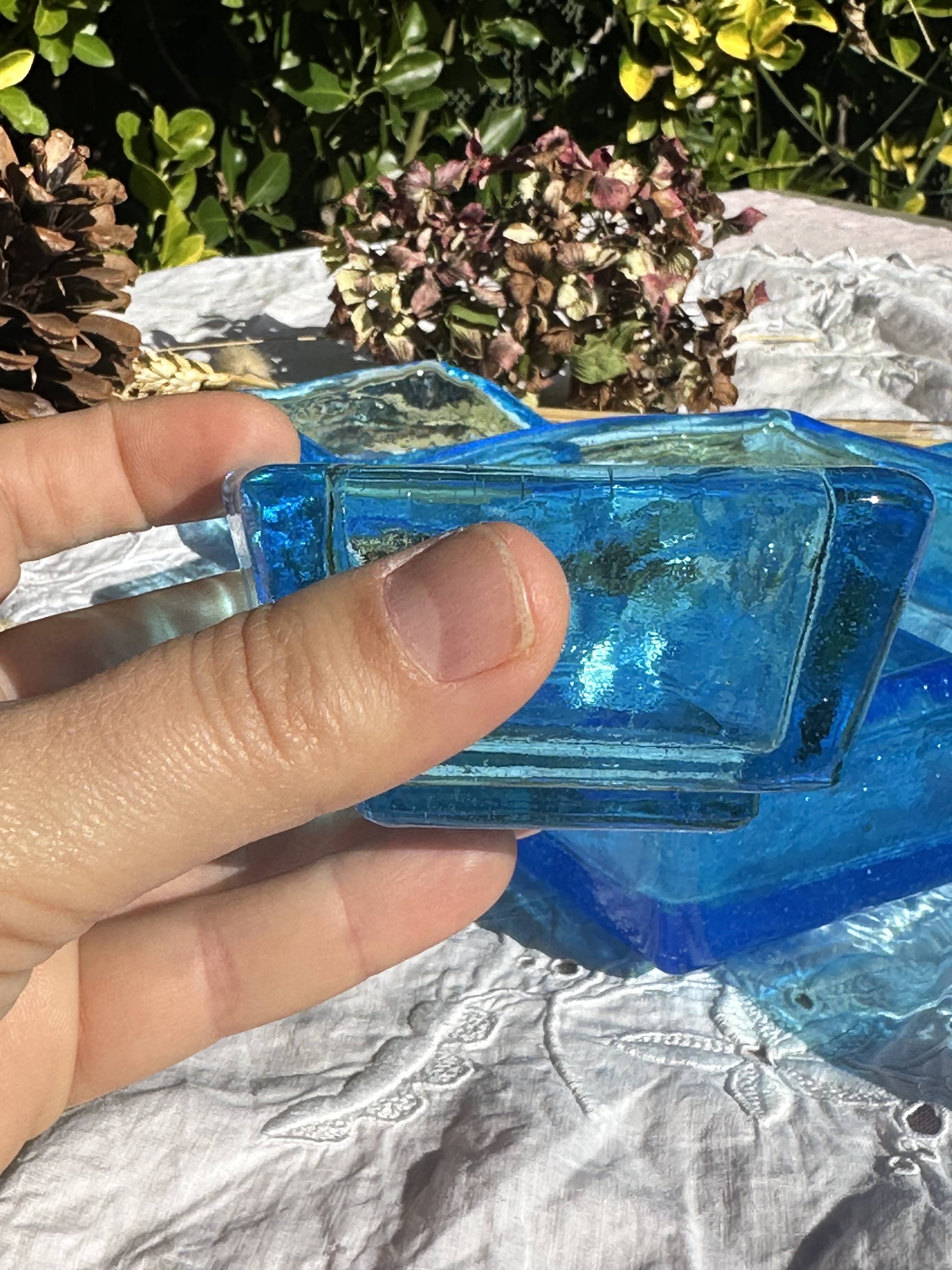 Adorable Vintage Turquoise Blue Glass Square Ashtrays and Trays