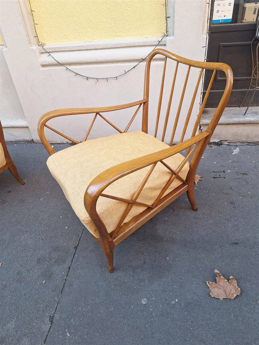 Armchairs in Wood and Yellow Fabric from Paolo Buffa, 1940s, Set of 2
