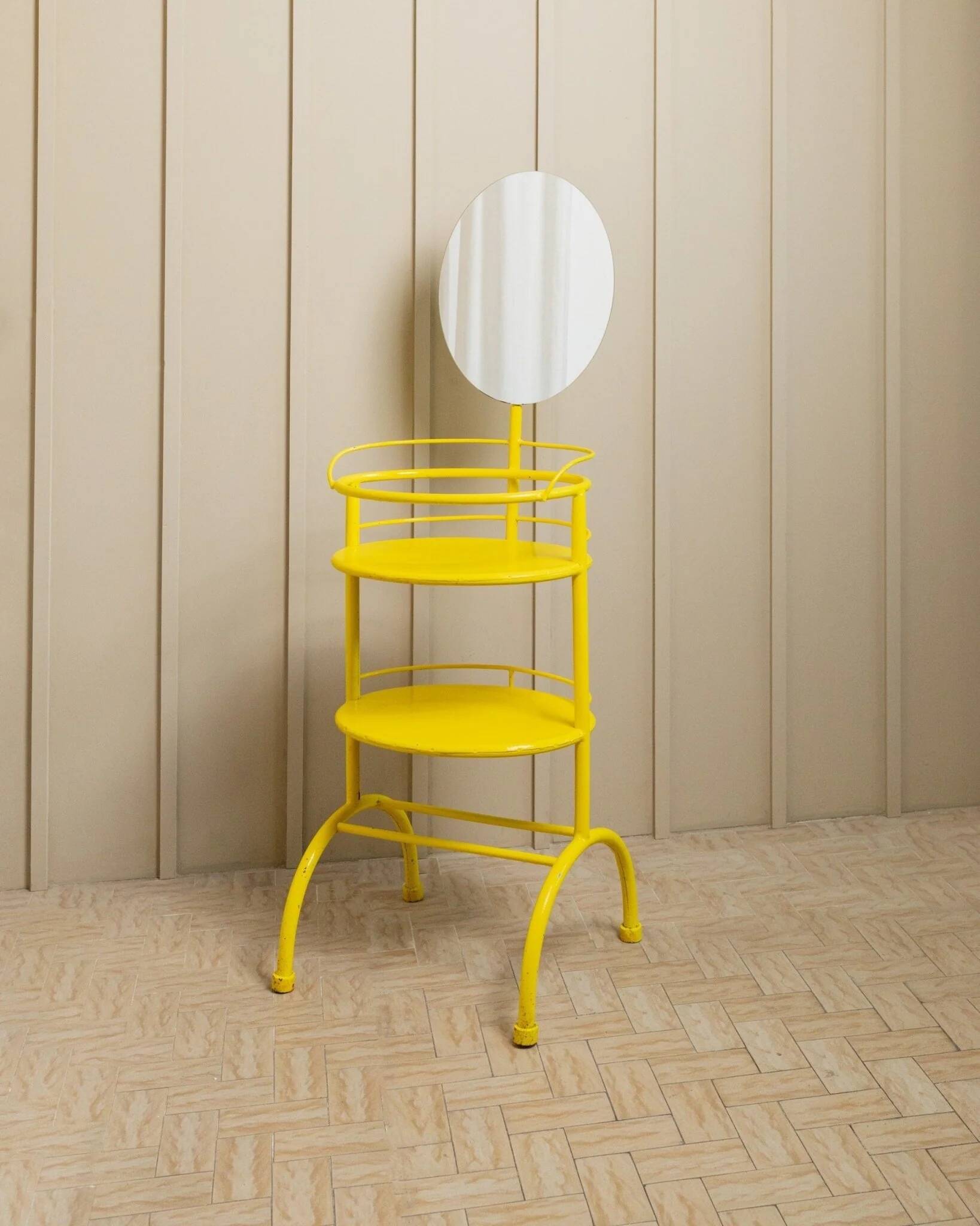 Yellow metal side table with swiveling oval mirror and two tray shelves, vintage 1960s Italy