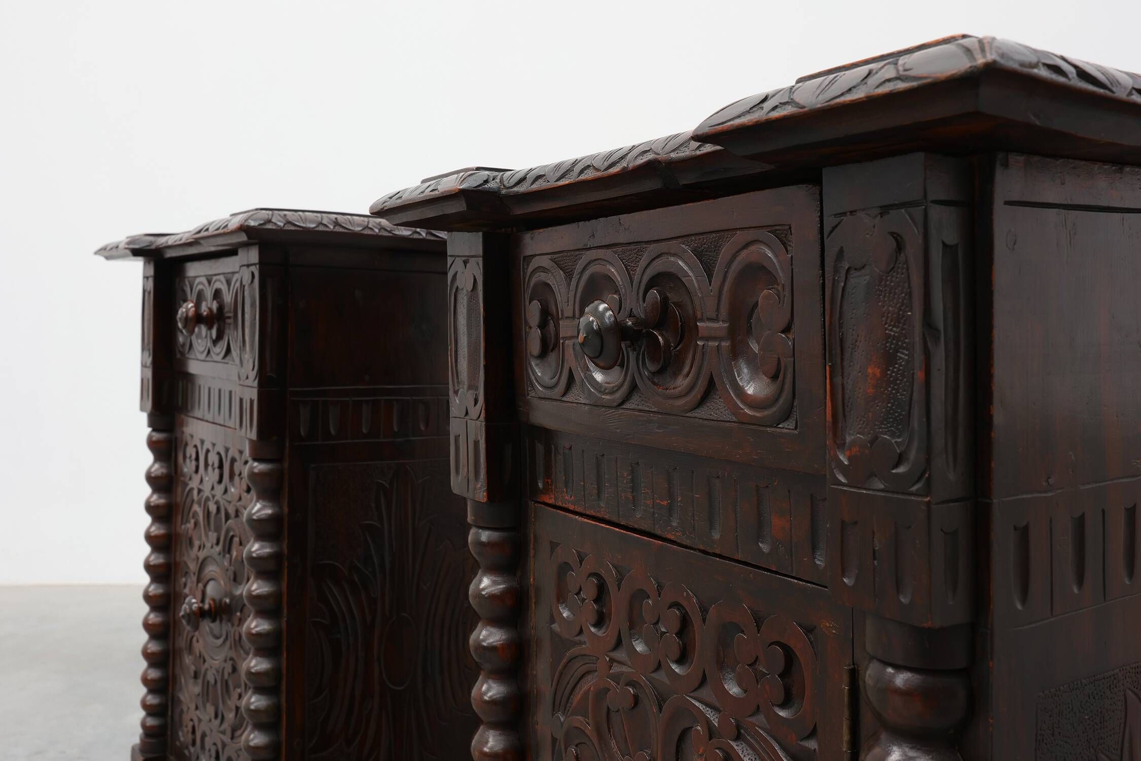 Pair of Breton Carved Oak Bedside Cabinets, France, circa 1900