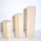 Set of 3 hexagonal travertine columns or pedestals from the 70s