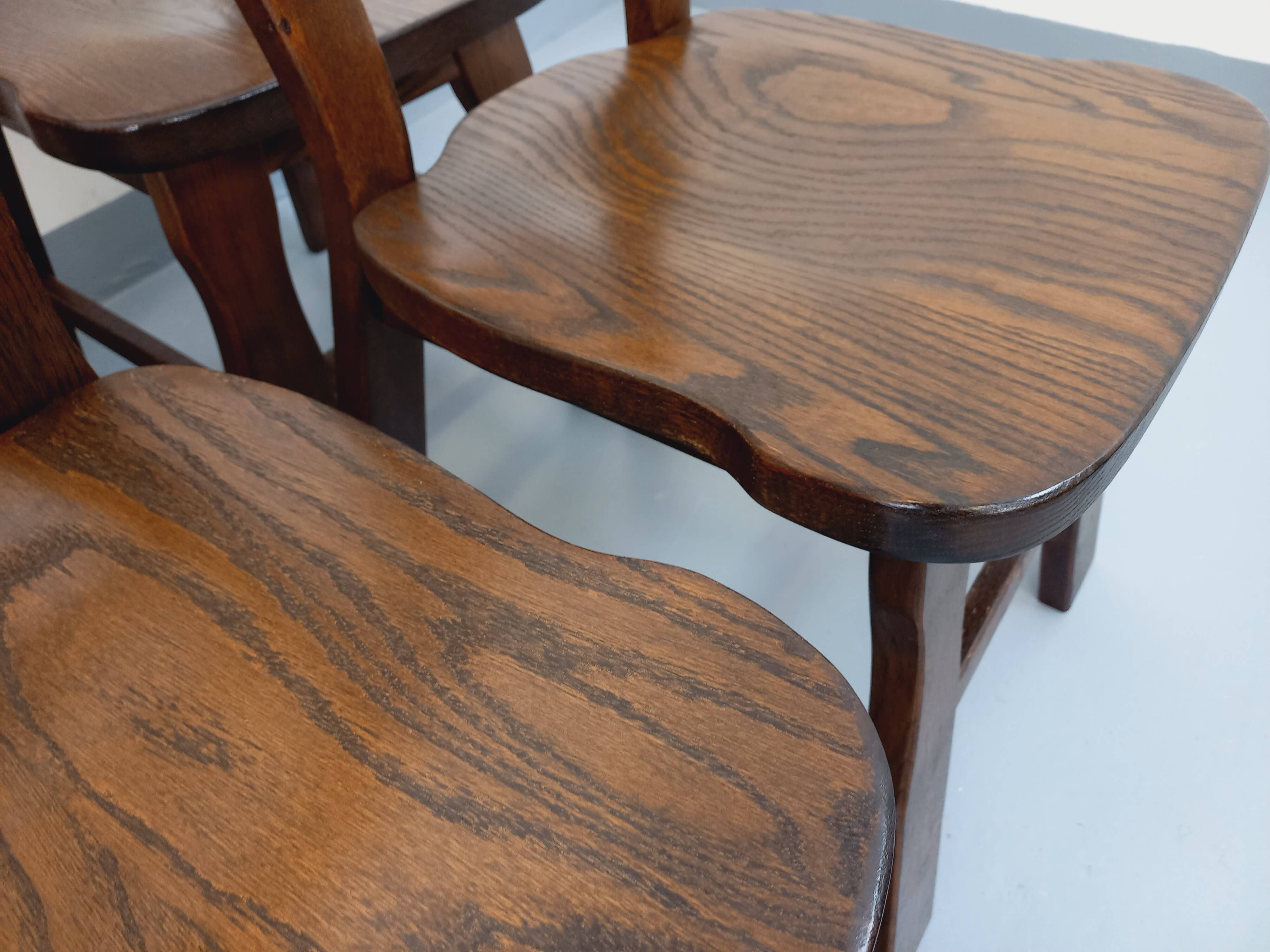 Set of 6 vintage brutalist oak chairs from the 1950s.