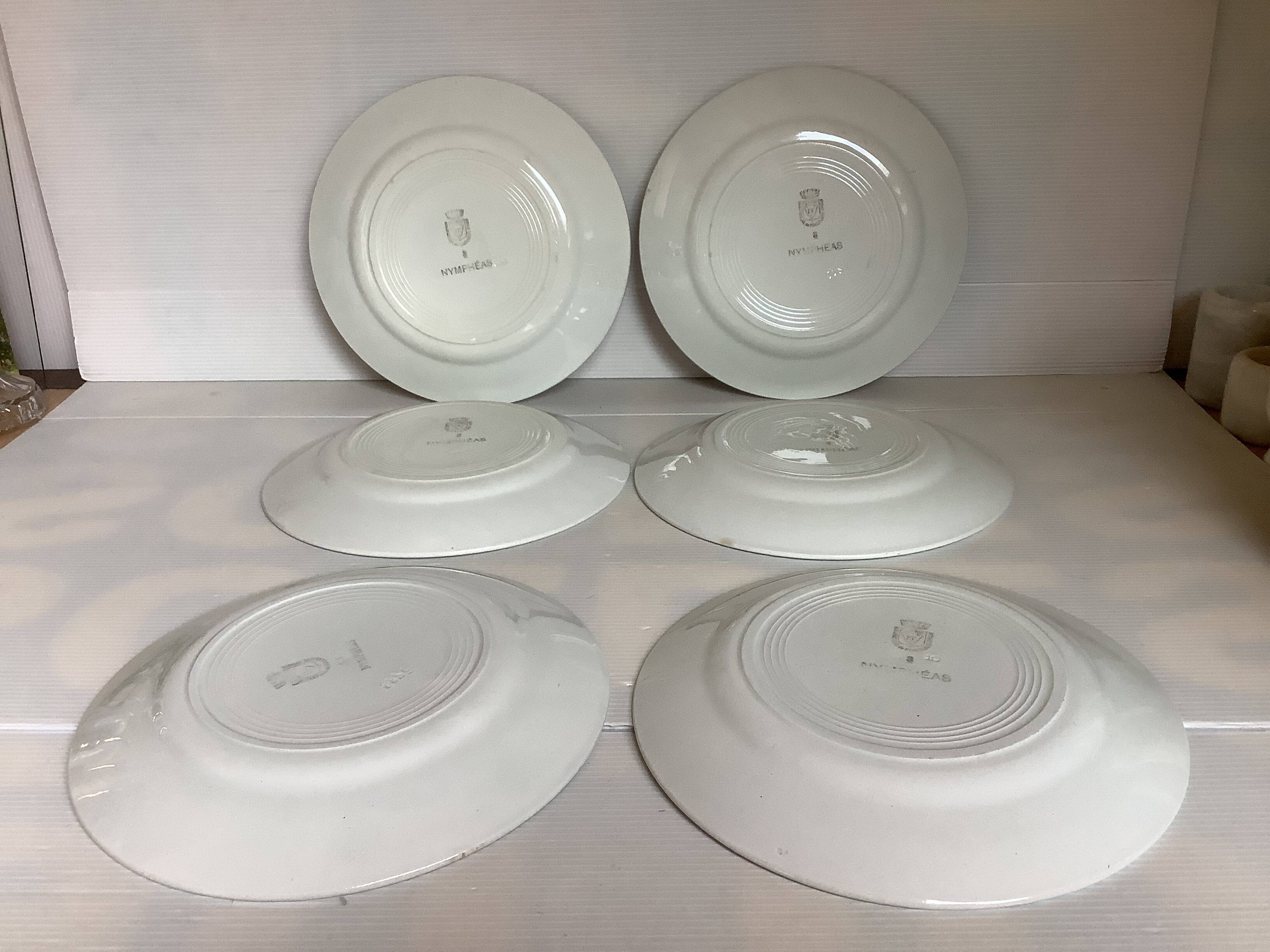 Six old flat plates, earthenware, 1930s, Nymphéas model.