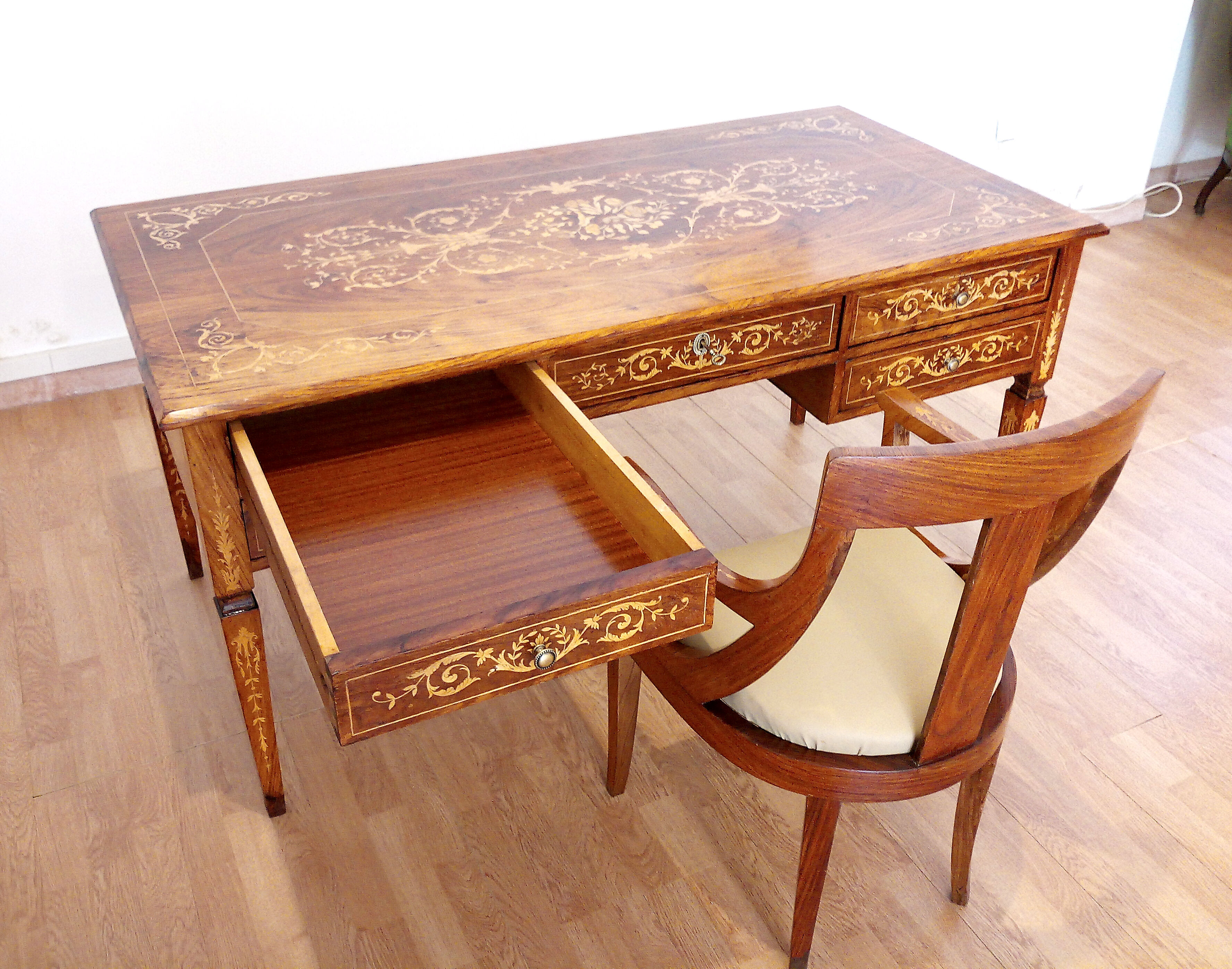 Louis XVI style italian bank desk and bench, 1920s