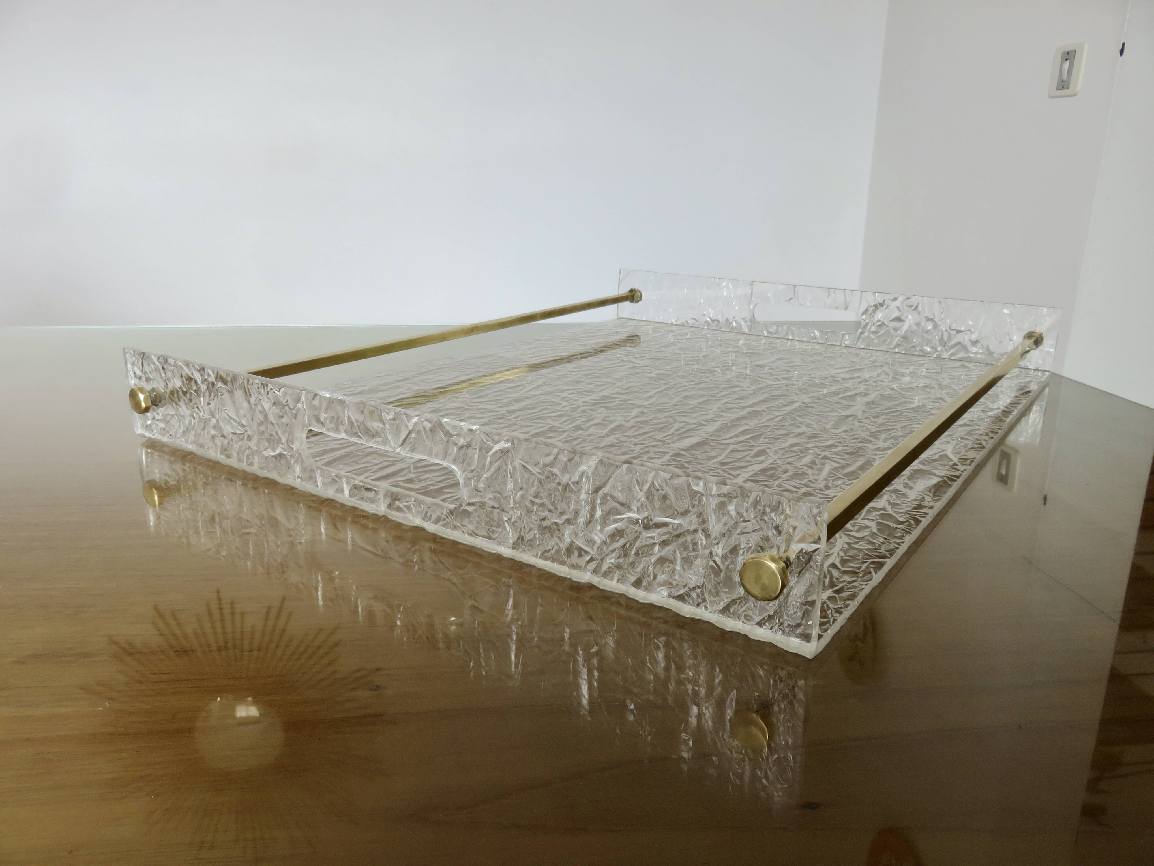 Very large "Roche Bobois" tray in plexiglass and solid brass, 1970s