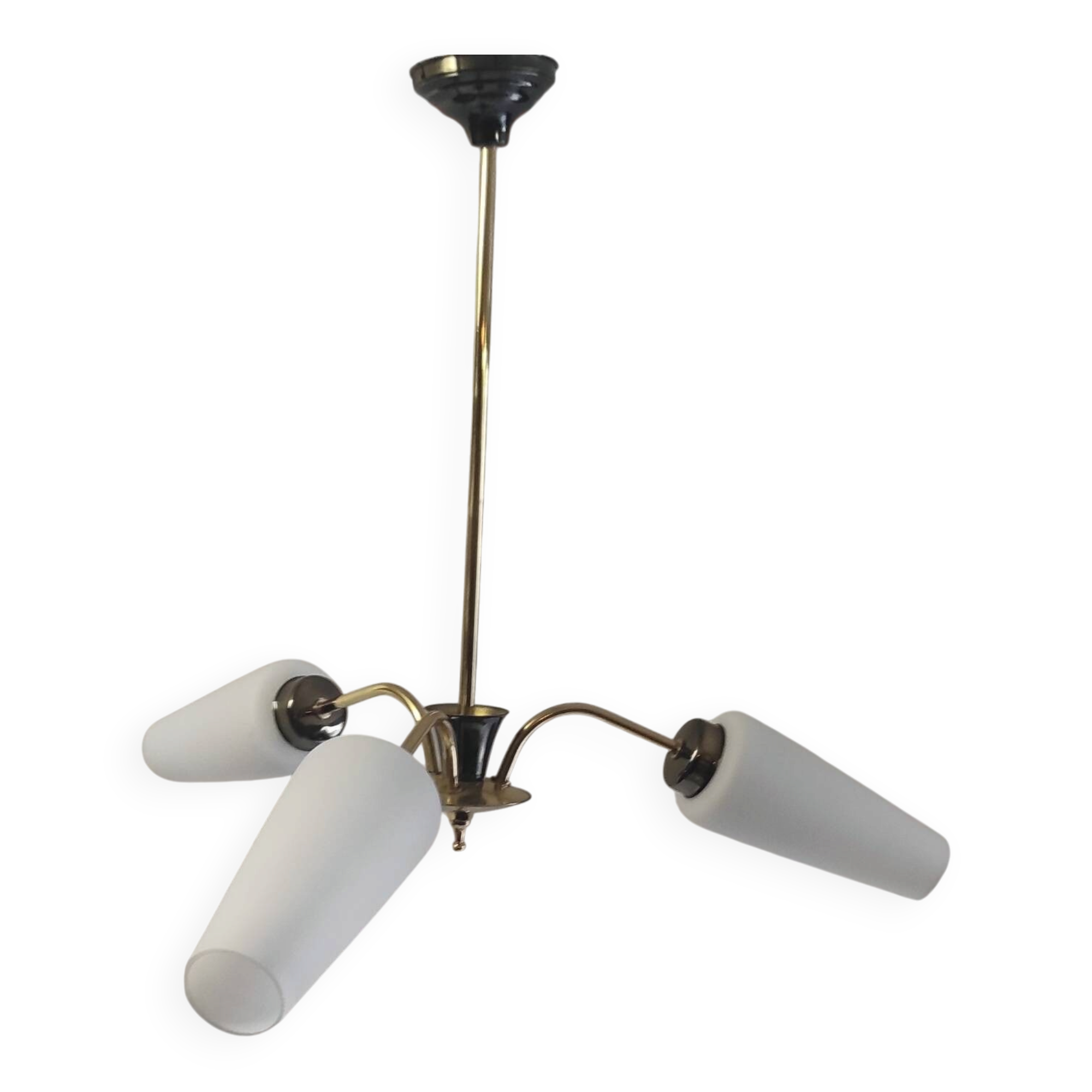Brass chandelier with three lights and opaline tulips - 1950s/60s