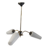 Brass chandelier with three lights and opaline tulips - 1950s/60s