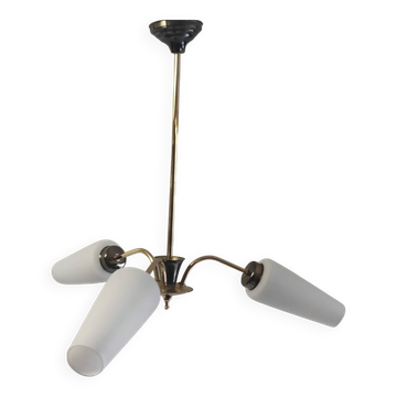 Brass chandelier with three lights and opaline tulips - 1950s/60s