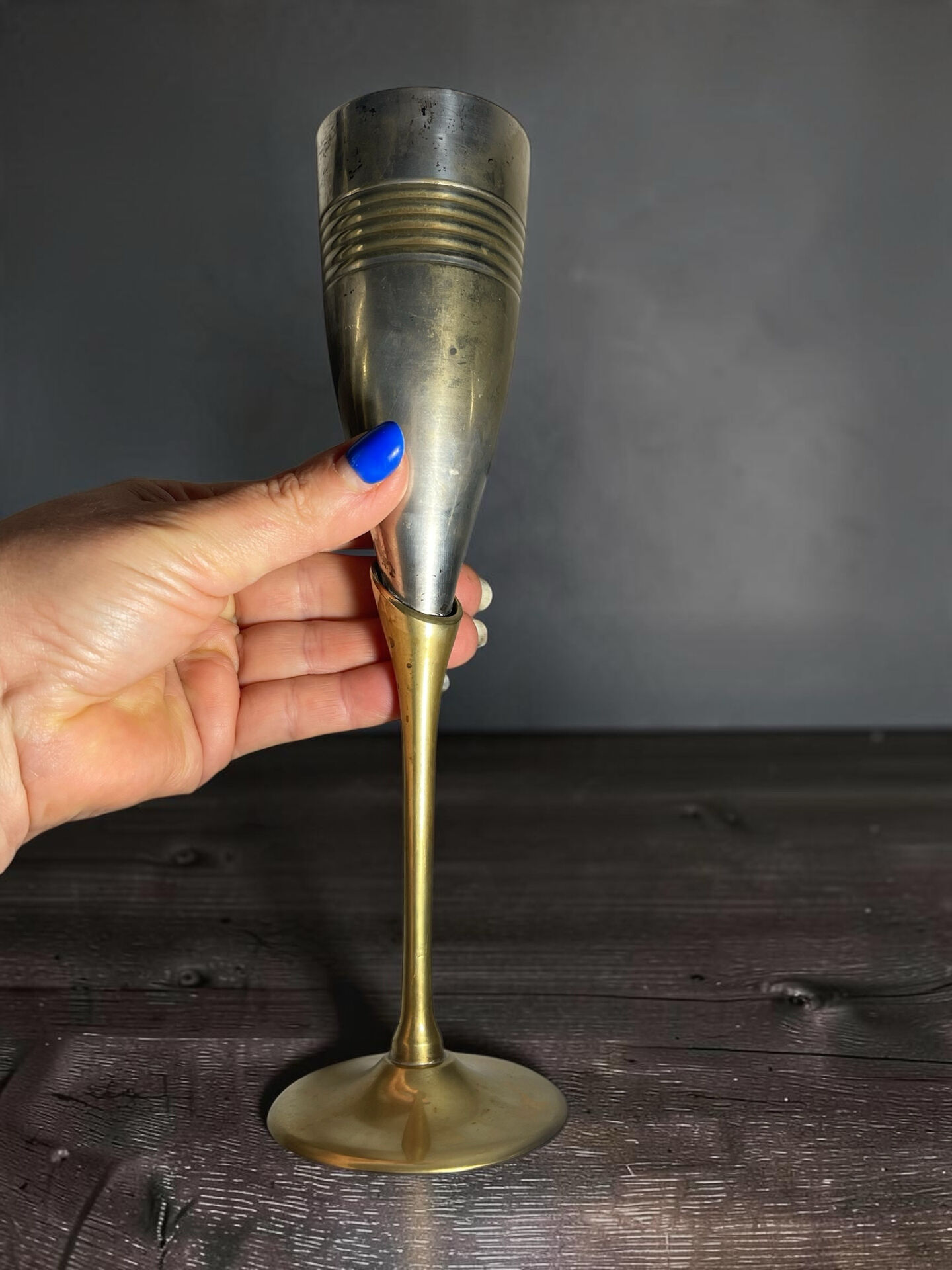 Set of 6 champagne flutes in brass and silver-plated metal – height 24 cm
