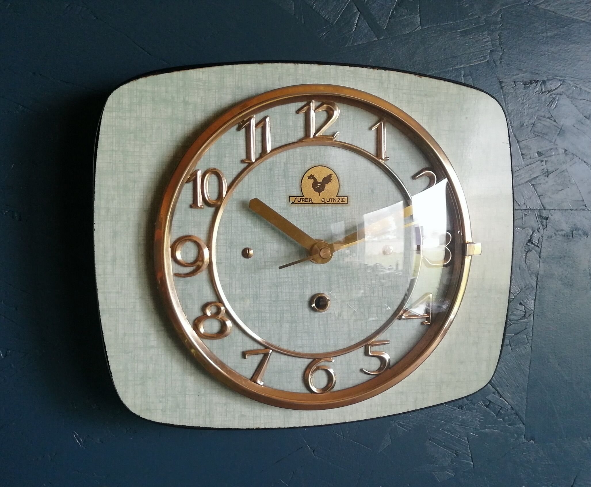 Vintage formica clock silent rectangular wall clock "Super Quinze Vert"