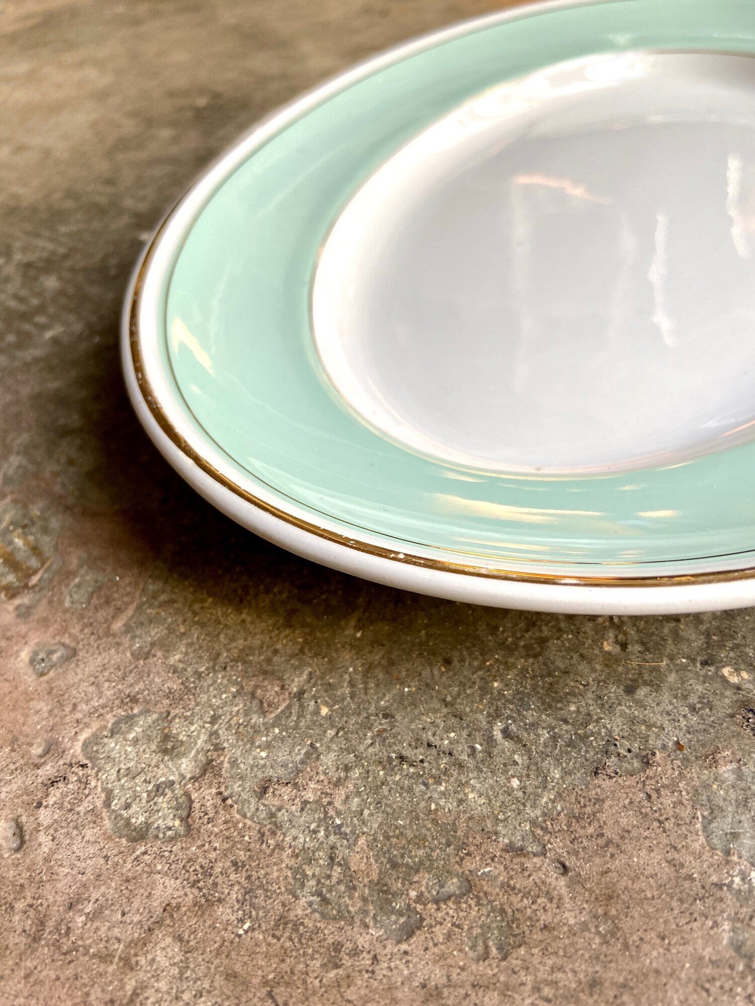 Luneville oval dish in water-green and golden opaque porcelain