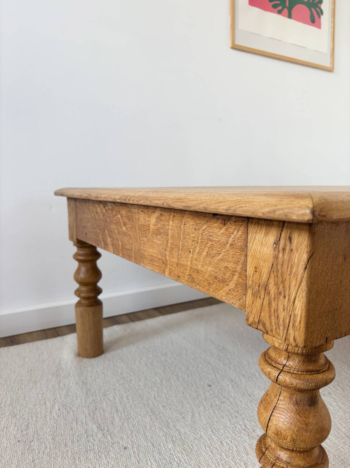 Large farmhouse-style coffee table with drawers, renovated oak.