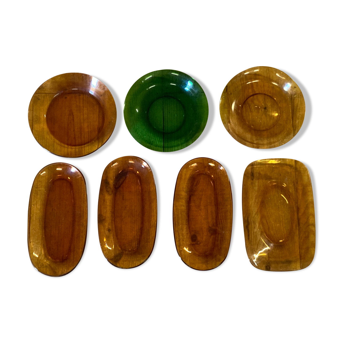 Set of 7 dishes in brown and green vintage glass